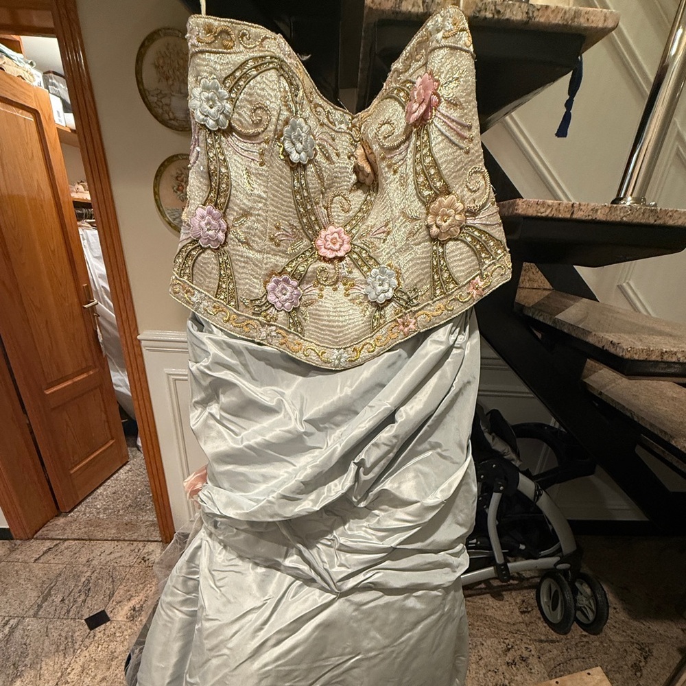 Rose Taft Custom Made Embellished Floral Beaded Bodice Gown in Ivory and Gold